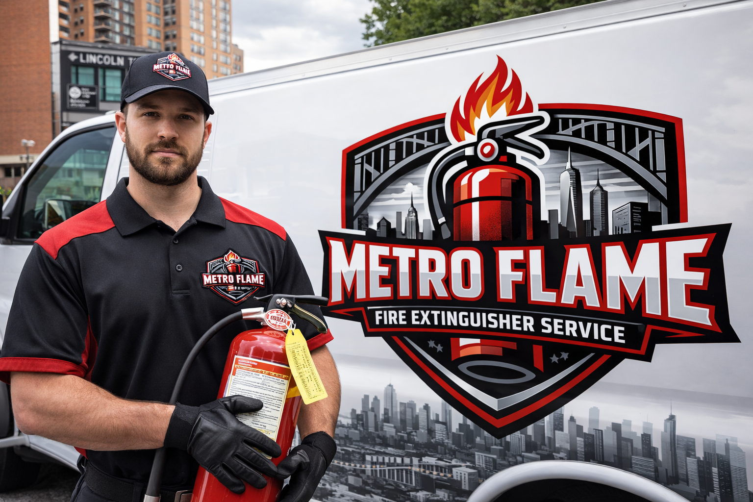 Metro Flame technician with fire extinguisher and service van